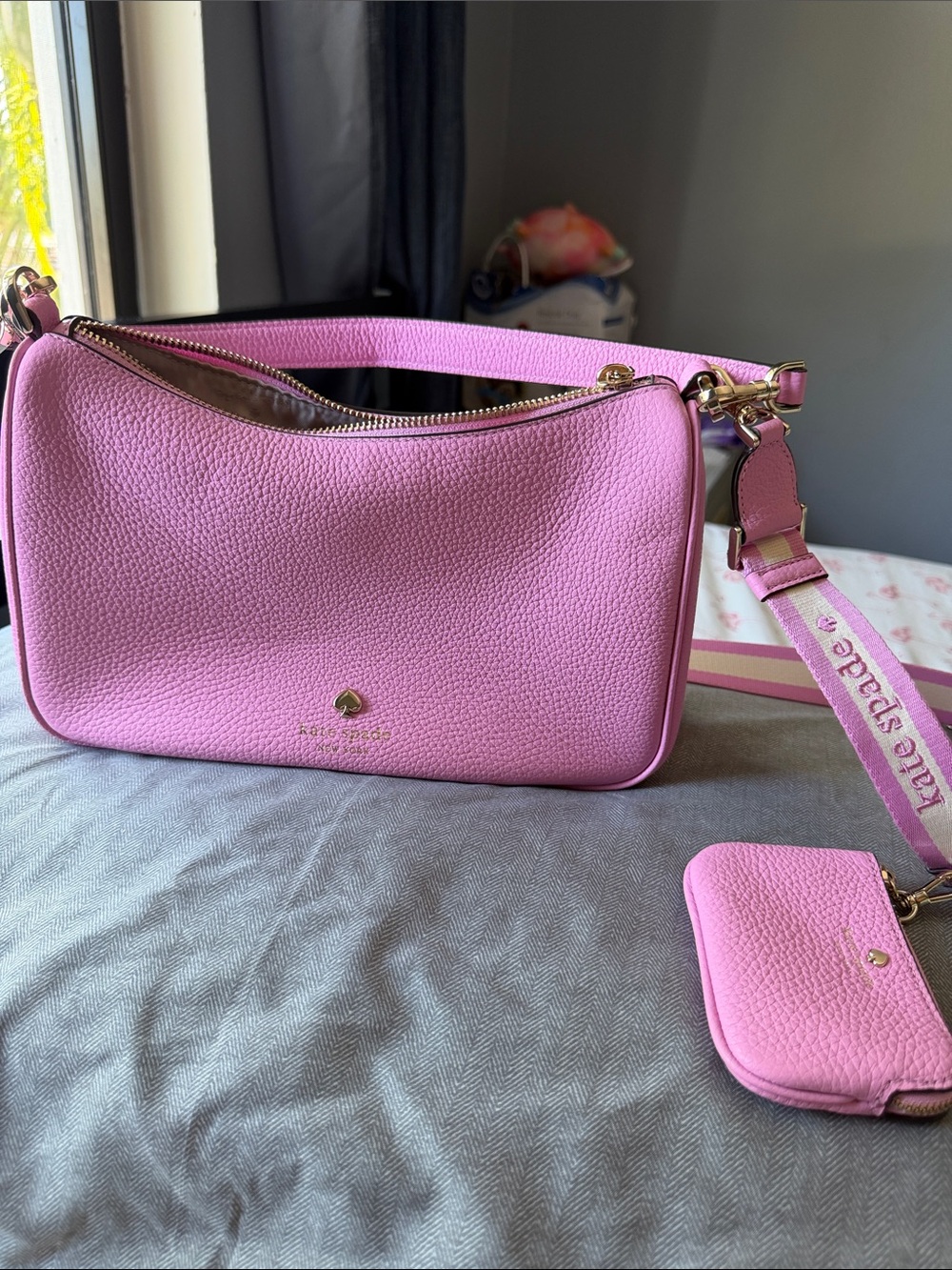 kate spade Pink Pebbled Leather Crossbody with Logo Strap